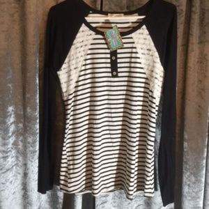 Black and White Lace Striped Top 90% Cotton +Nylon